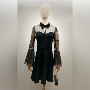 Black Sheer Mesh Collar Dress Women Size M Polyester Spandex Fit & Flare